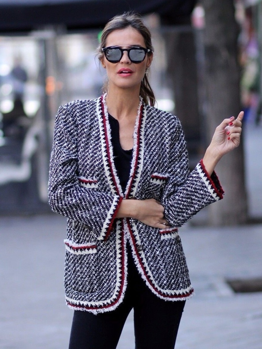 Zara Bouclé Blazer Black White Red Trim Blogger Viral